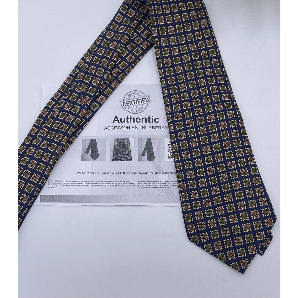 Burberrys Authenticatede 100 % Silk Tie Blue Yellow Orange Geometric Fouland